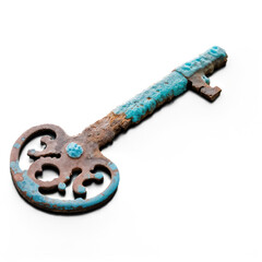 A rusty vintage key with an ornate, decorative bow and weathered blue-green patina, showcasing intricate detailing and signs of age and corrosion.