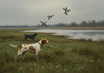 Hunting Dogs Watching Ducks Painting