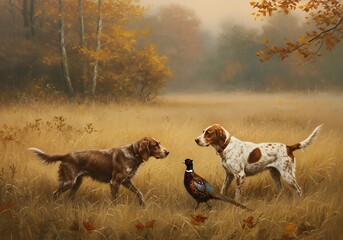 Hunting dogs and pheasant in autumn landscape painting fine art print for sale online gallery collection