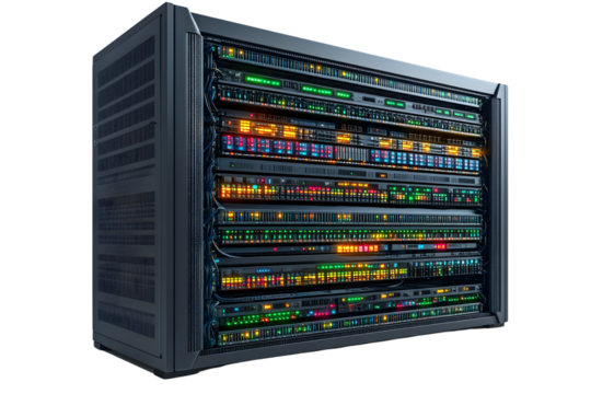 Server rack with colorful lights data center technology network infrastructure