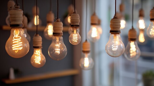 Warm, vintage light bulbs hanging from ceiling - Powered by Adobe