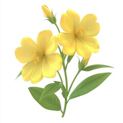 Fototapeta premium Vibrant yellow flowers with green leaves against a white background.