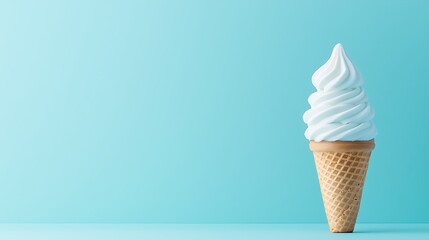Close-up of Soft-Serve Ice Cream in Waffle Cone on Light Blue Background