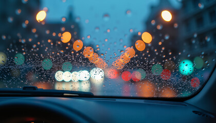 City lights glimmering through a rainy car windshield  