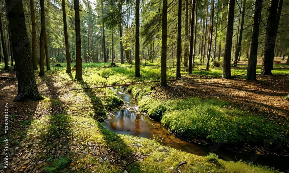 Poster sunlit forest with lush greenery and small stream running through it