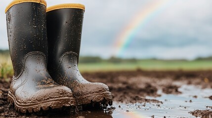 Playful children's muddy rain boots in nature colorful rainbow gigapixel detail outdoor adventure
