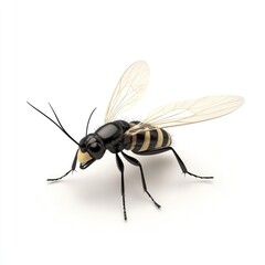 Close-up of a black and yellow striped fly.