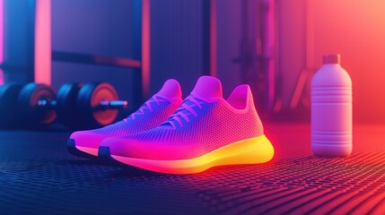 Futuristic running shoes with neon accents gym product showcase high-tech environment close-up innovation