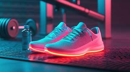 Futuristic running shoes with neon accents showcase in modern gym glowing design high-tech environment dynamic viewpoint