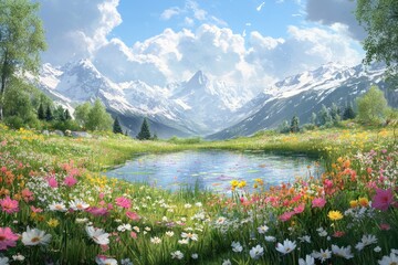 A picturesque alpine meadow with a serene pond and snow-capped mountains.