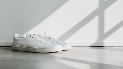 Minimalist white sneakers on concrete floor stylish footwear modern space natural light contemporary design