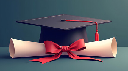 Elegant graduation cap with a diploma tied with a red ribbon, symbolizing achievement and success in education.