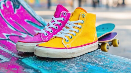 Vibrant skateboarding shoes on a colorful ramp urban skate park lifestyle photography bright environment close-up view