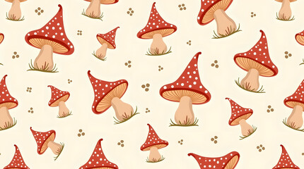 Colorful illustration of red mushrooms with white spots, creating a whimsical pattern on a light background.