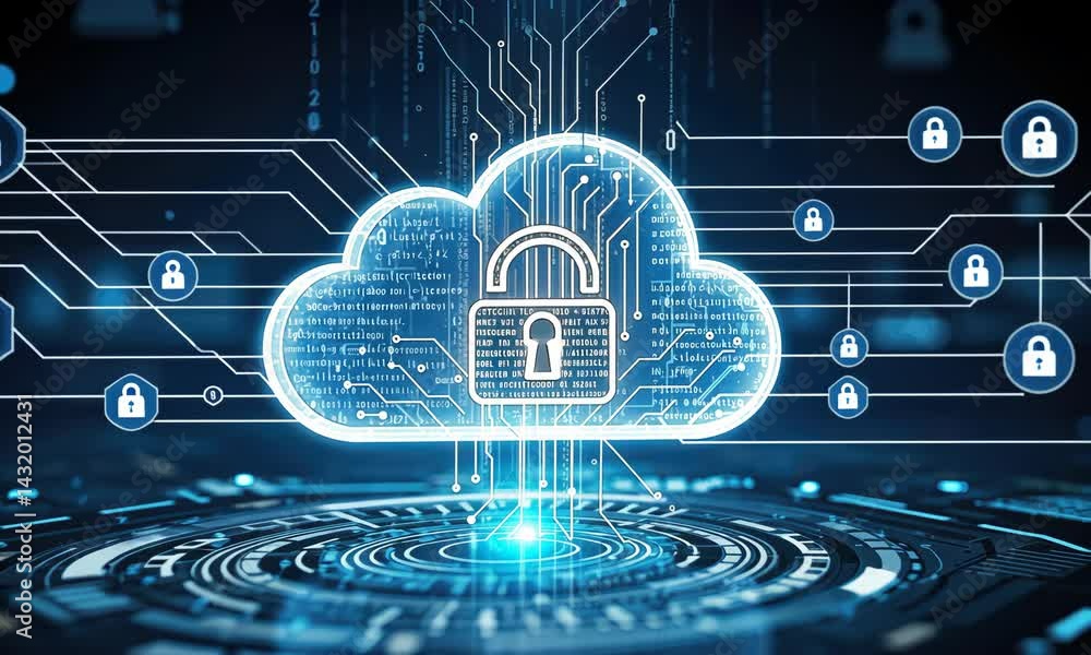 Poster digital cloud with integrated padlock representing cybersecurity and data protection in virtual envi