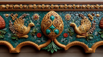 Naklejka premium Southeast Asian mosaic tiles with stylized animals and ornamental patterns