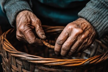 Close-up view of weathered hands crafting a woven basket.