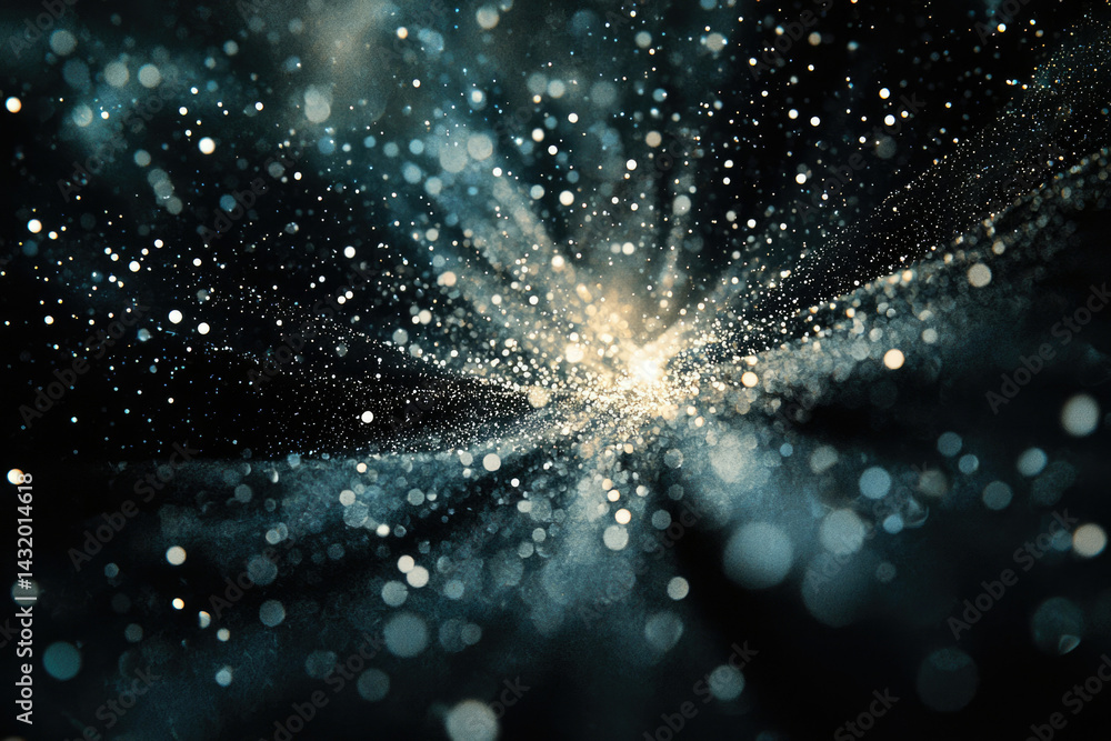 Poster Abstract cosmic explosion of glittering particles, radiating light and energy in a dark universe.