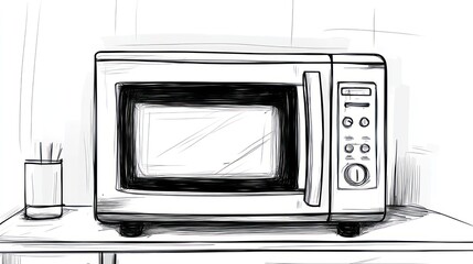 Hand-drawn sketch of a modern microwave oven on a countertop.
