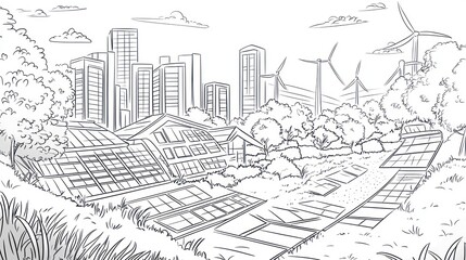 Fototapeta premium Green city skyline with solar panels; renewable energy
