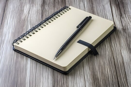 Blank Spiral Notebook with Black Pen on Wooden Desk