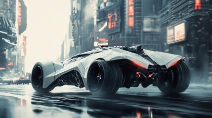 Futuristic white vehicle navigating a rain-slicked urban landscape.