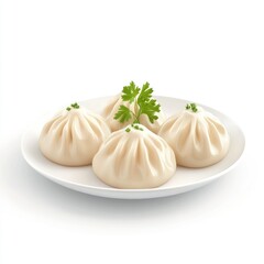 Four savory dumplings on a white plate.