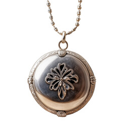 Elegant silver necklaces displayed on a white background—one with a round floral-engraved locket, the other with a simple heart-shaped pendant, symbolizing timeless beauty.