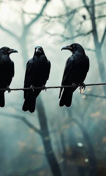 Three crows perched on a wire in a misty forest with blurred trees and soft lighting