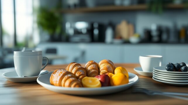 Freshly baked croissants and fruits on a wooden table in a bright kitchen during morning breakfast hours
