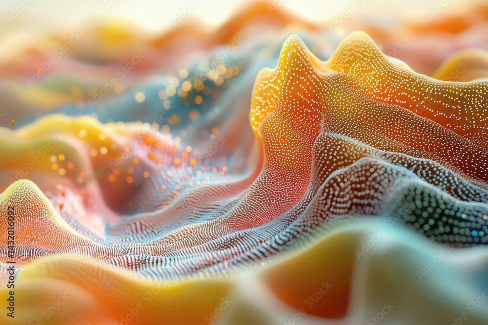 Aufkleber Abstract 3D rendering of a colorful, flowing, particle-based landscape with undulating waves and glowing particles.