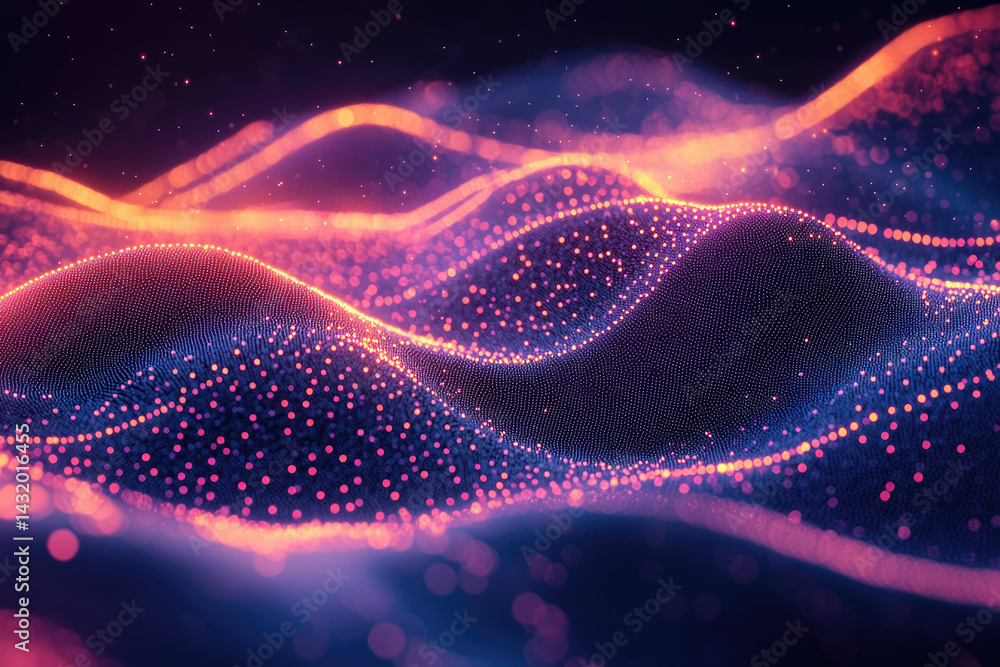 Poster Abstract digital landscape with glowing particles forming undulating waves in vibrant pink and orange hues.