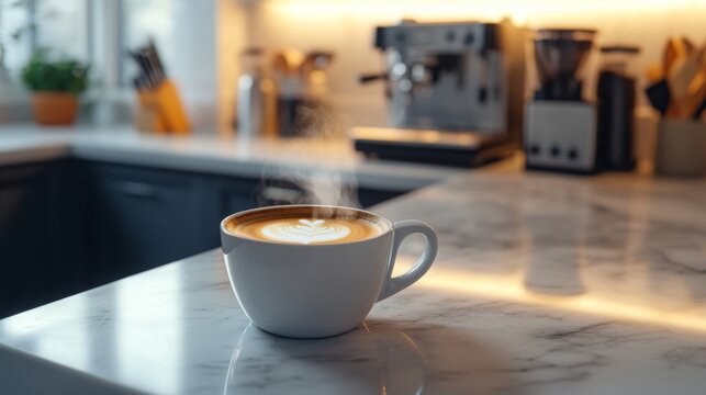 Warm coffee cup with latte art on a marble countertop in a modern kitchen during morning hours - Powered by Adobe