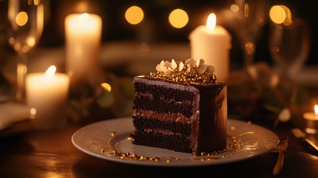 Celebration dessert featuring a chocolate cake with golden decorations at a candlelit dinner setting - Powered by Adobe