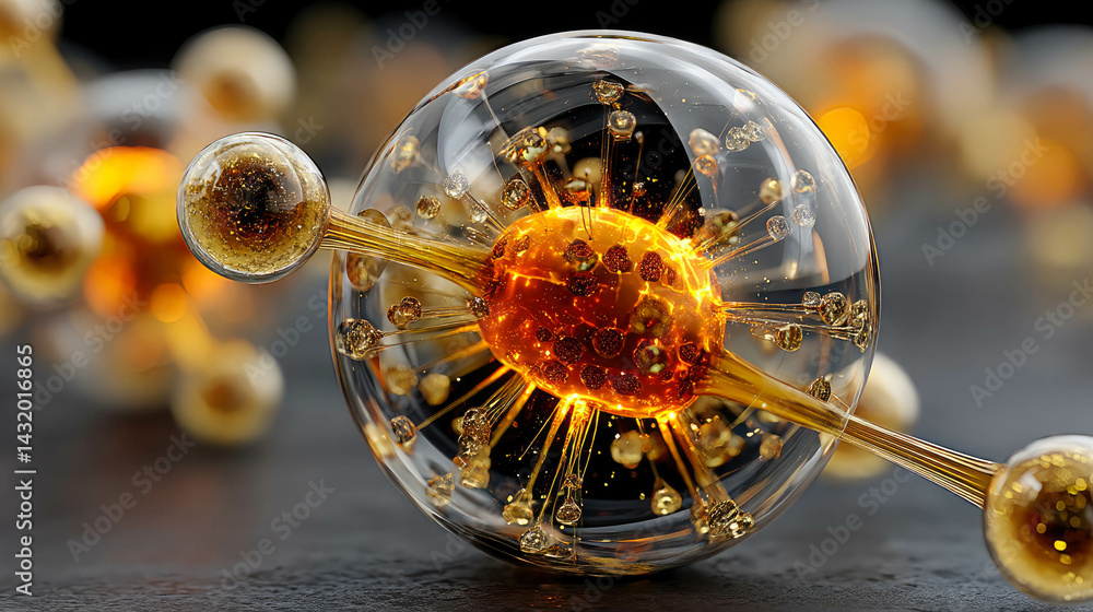 Poster abstract glowing energy sphere with red and golden particles inside a transparent orb, symbolizing p