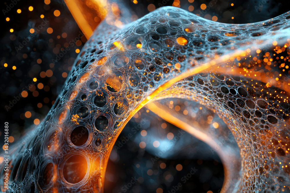Poster intricate network of glowing blue and orange strands, resembling a cosmic web or neural network.