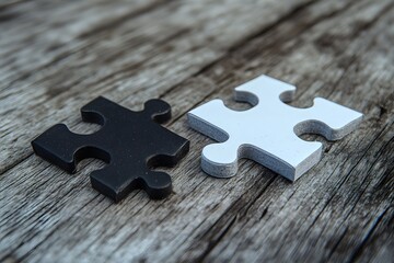 Black and White Puzzle Pieces on Wood Background