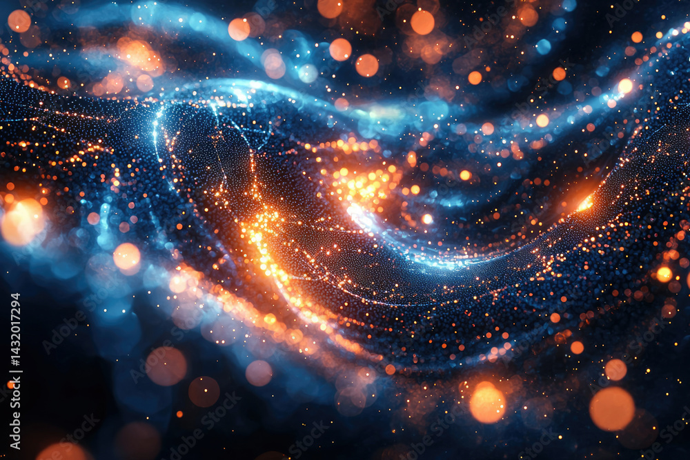 Fototapete Abstract cosmic swirl of blue and orange glowing particles, creating a mesmerizing and dynamic visual.