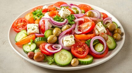 Fresh vegetable salad with olives and feta cheese served on a white plate in a bright kitchen setting