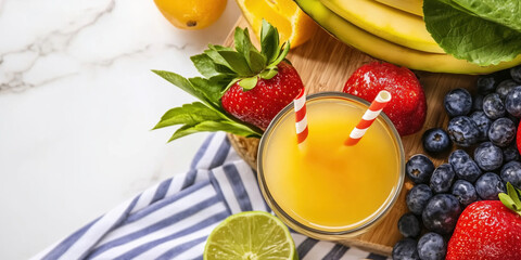 Healthy breakfast with orange juice and various fresh fruits on marble table