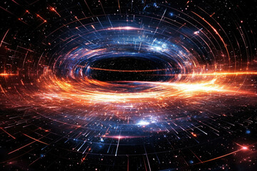 A swirling cosmic vortex, a mesmerizing display of light and energy in deep space, filled with stars and glowing lines.