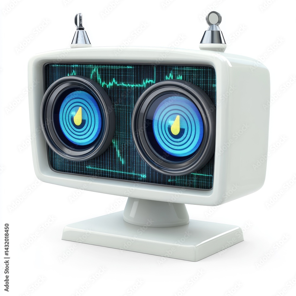 Poster retro futuristic robot monitor displaying data.