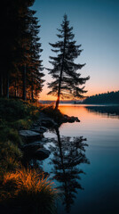 Fototapeta premium Tall pine tree casts a reflection on the tranquil lake surface du twilight as golden sunlight paints the forest and sky with gentle hues of orange and blue.