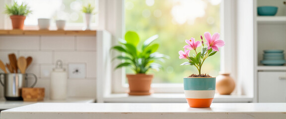 Colorful flowering plant on white shelf in bright kitchen, nature's beauty