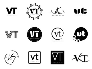 VT logo company template. Letter v and t logotype. Set different classic serif lettering and modern bold text with design elements. Initial font typography.