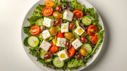 Fresh salad with feta cheese, cherry tomatoes, cucumbers, and olives arranged beautifully on a large white plate