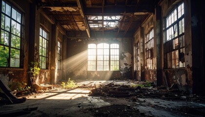 Urban photography of abandoned industrial building interior with dramatic light beams through broken windows