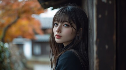 Obraz premium Close-up portrait of a young woman with autumnal scenery.