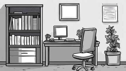 Modern office workspace sketch; computer, plants, books