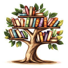 Cartoon vector illustration of a tree whose branches are shelves filled with colorful books on white background.
